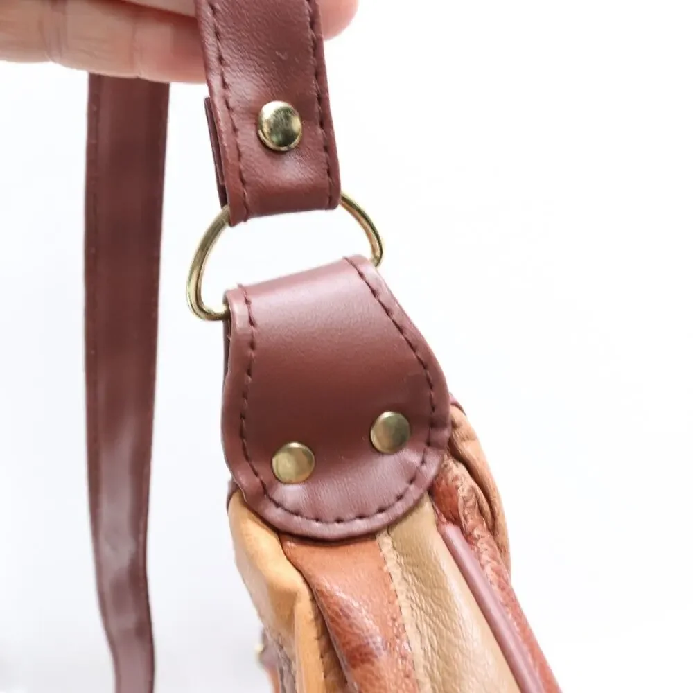 Vtg Patch Leather Crossbody Handbag Women M Brown Tone Colorblock Purse Bag